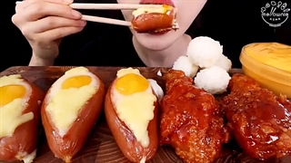 ASMR MUKBANG｜FRIED CHICKEN, FRIED EGG SAUSAGE, CHEESE SAUCE 양념치킨 소세지 반숙계란후라이 치즈소스 EATING SOUNDS 먹방