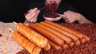 ASMR SAUSAGE CHEESE BLACK BEAN NOODLES CORN DOGS COOKING MUKBANG 먹방 ソーセージ チャパゲティ 咀嚼音 EATING SOUNDS