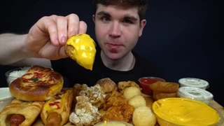 ASMR MUKBANG GOURMET HOT DOGS, EXTRA CRISPY CHICKEN, CHEESE BALLS & ONION RINGS | WITH CHEESE