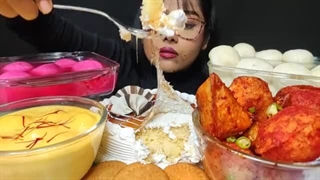 Eating Spicy Sukha Poori, Rasgulla, Rose Rasmalai