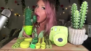 ASMR GREEN FOOD EDIBLE CACTUS PLANT (FAKE), INSTAX POLAROID CAMERA FUJIFILM, SPOONS MUKBANG 먹방